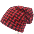 Red and black houndstooth slouchy beanie hat for women featuring a warm knit texture - M (56-58cm) / Red
