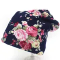 Floral knit slouchy beanie hat for women featuring a dark blue base with rose patterns - M (56-58cm) / Navy Blue