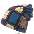 Dames gebreide muts van imitatie kasjmier met kleurrijk ruitjespatroon en patchwork ontwerp - M (56-58cm) / Meerblauw