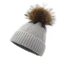 Women knit beanie with cable pattern and large fur pompom in stylish grey color - M(56-58cm) / Light Gray