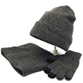 Winter set with fleece-lined knit beanie, neck warmer and gloves in black grey marl - Coffee
