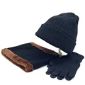 Close-up of dark blue ribbed knit winter set showing fleece lining on the neck warmer - Dark Blue (Black)