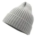 Close-up of gray ribbed knit beanie showing soft wool texture and elastic weave pattern - Light Gray