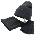 Three-piece winter knit set with thick fleece lining including hat scarf and gloves in dark grey - Dark Gray