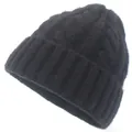 Close-up of thick cable knit texture and elastic cuff on this black winter beanie hat - Adult 56-60cm / Black