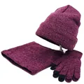 Winter 3-piece set with thermal knit beanie, neck warmer, and touch screen gloves in burgundy - Rose Red