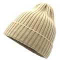 Close-up of ribbed texture and fold-over cuff on beige knit beanie for winter - Khaki