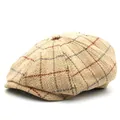 Classic khaki plaid wool newsboy cap with vintage British pattern on a white background - M (56-58cm) / Khaki
