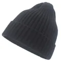 Detail of black ribbed knit beanie showing textured warm wool material and stitching - Black