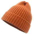 Detailed texture of bright orange vertical ribbed knit beanie for winter warmth - Caramel color