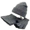 Detailed view of grey knit beanie, neck warmer and touch screen gloves with soft textures - Medium Grey