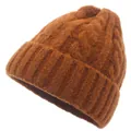 Close-up of caramel thick knit beanie featuring cable pattern and ribbed cuff texture - Caramel color