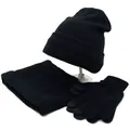 Close-up of black winter knit set with touchscreen gloves, scarf, and beanie hat - Black