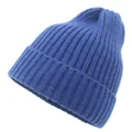 Dettaglio del berretto in maglia a coste blu in lana morbida con risvolto classico - Adulto / Blu