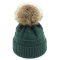 Deep green winter knitted beanie with a fluffy brown faux fur pom pom decoration - M / Green