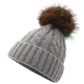 Thick knit cable beanie in light grey with a large multicolor faux fur pom-pom topper - Adult 56-60cm / Gray