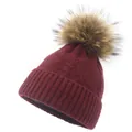 Dark burgundy cable knit beanie with fluffy fur pompom for women's winter warmth - M(56-58cm) / Burgundy