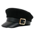Classic black newsboy cap featuring wool blend texture with a leather brim and gold buckle - M (56-58cm) / Black