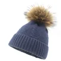 Dark blue cable knit beanie with a fluffy brown faux fur pom pom and planet motif - M(56-58cm) / Saturn Jacquard Style - Navy Blue