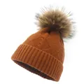 Caramel twist knit beanie for women with large fluffy faux fur pompom for winter - M(56-58cm) / Caramel color