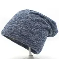 Bonnet tombant en maille bleu marine et gris avec fils pailletés et doublure chaude - Bleu marine