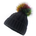 Thick black cable knit beanie with a colorful faux fur pompom for winter warmth - Adult 56-60cm / Black
