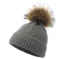 Dark grey chunky cable knit beanie with a large fluffy natural raccoon fur pompom - M(56-58cm) / Dark Gray