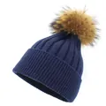 Detail view of the thick navy blue knit texture and raccoon fur pom-pom on the winter hat - M (56-58cm) / Navy Blue