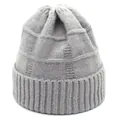 Detail of grey knitted winter hat featuring checkered texture and ribbed elastic cuff - M (56-58cm) / Light Gray