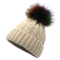 Beige cable knit winter beanie for women featuring a colorful fluffy faux fur pom-pom - Adult 56-60cm / Khaki