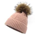 Pink cable knit beanie for women with large fluffy raccoon fur pompom for winter - M(56-58cm) / Pink