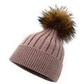Detailed knit texture and fluffy faux fur pompom on mauve winter beanie hat - M (56-58cm) / Pink