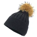 Detail of black ribbed knit beanie with a fluffy raccoon fur pompom and cuffed edge - M (56-58cm) / Black