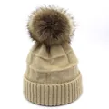 Detailed knit texture and brown faux fur pom-pom on this beige winter wool beanie hat - M / Khaki