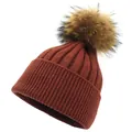 Detail view of burgundy knitted beanie with rib texture and fluffy faux fur pom-pom - M (56-58cm) / Caramel color