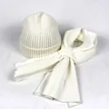 Detail of cream white ribbed knit beanie and scarf set showing warm textile texture - White