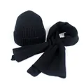 Close-up of black ribbed knit winter set featuring a warm beanie and matching scarf - Black
