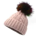 Pink chunky knit beanie with large colorful pompom and thick braided texture - Pink