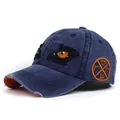 Dunkelblaue verwaschene Baumwollkappe mit orangefarbener Stickerei und Distressed-Effekt - Verstellbar / Marineblau