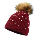Women's burgundy ribbed knit hat with white pearls and a fluffy faux fur pompom - M (56-58cm) / Burgundy