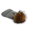 Detailed view of grey ribbed knit beanie with a fluffy natural raccoon fur pom-pom - M (56-58cm) / Dark Gray
