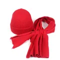 Solid red ribbed knit winter hat and scarf set for women with soft warm texture - Red