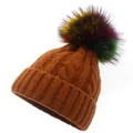 Thick knit brown beanie with multi-colored faux fur pom-pom and cable pattern - Caramel color