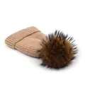Detail of warm khaki knit beanie featuring a large fluffy faux fur pom and ribbed texture - M (56-58cm) / Pink