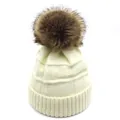 Cream knit beanie hat with large natural brown faux fur pom pom for winter warmth - M / Beige