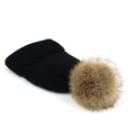 Close-up of black ribbed knit winter beanie featuring a fluffy light brown pom-pom detail - M (56-58cm) / Black