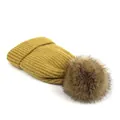 Close-up of mustard yellow ribbed knit beanie with a fluffy brown faux fur pom pom - M (56-58cm) / Yellow