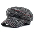 British style grey plaid beret hat with red stripes made of thick tweed cotton fabric - Adjustable / Gray