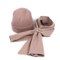 Dusty pink knit beanie and scarf set featuring elegant vertical ribbed texture for winter - Khaki