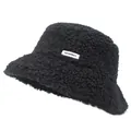 Close-up of the soft black teddy faux fur bucket hat with white Sei Carina Y letter label - Black